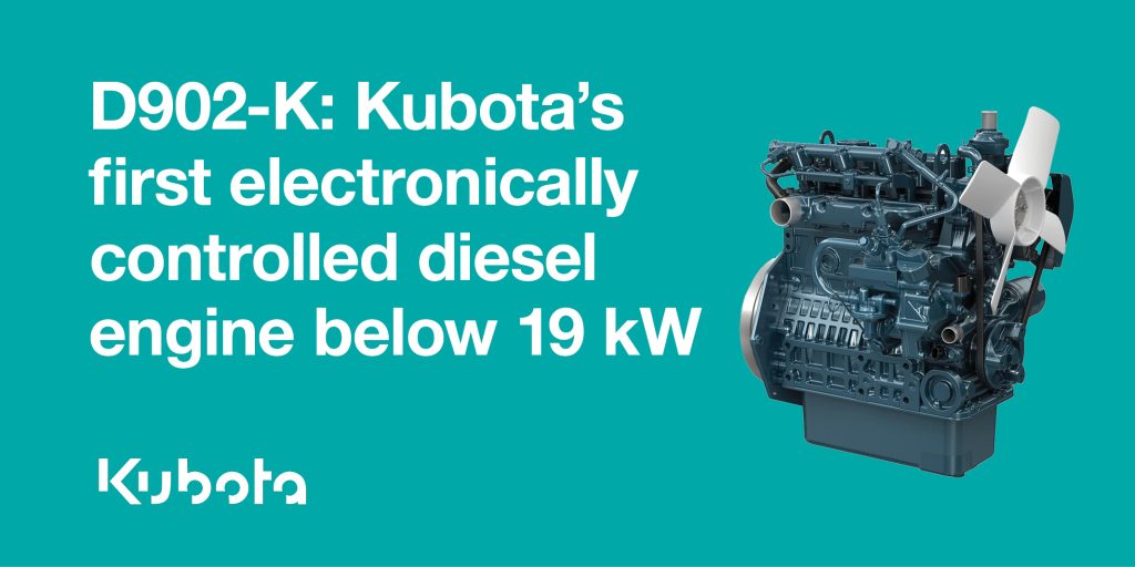 image of engine with text "Kubota's first electronically controlled diesel engine below 19kW"